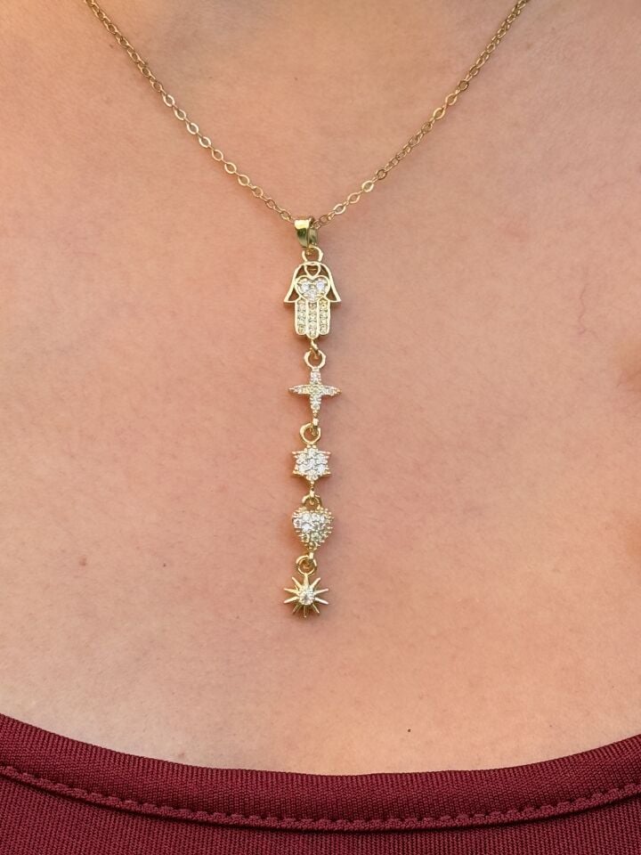 Fatmanın Eli Şans Kolye Zirkon Taşlı Çelik Gold