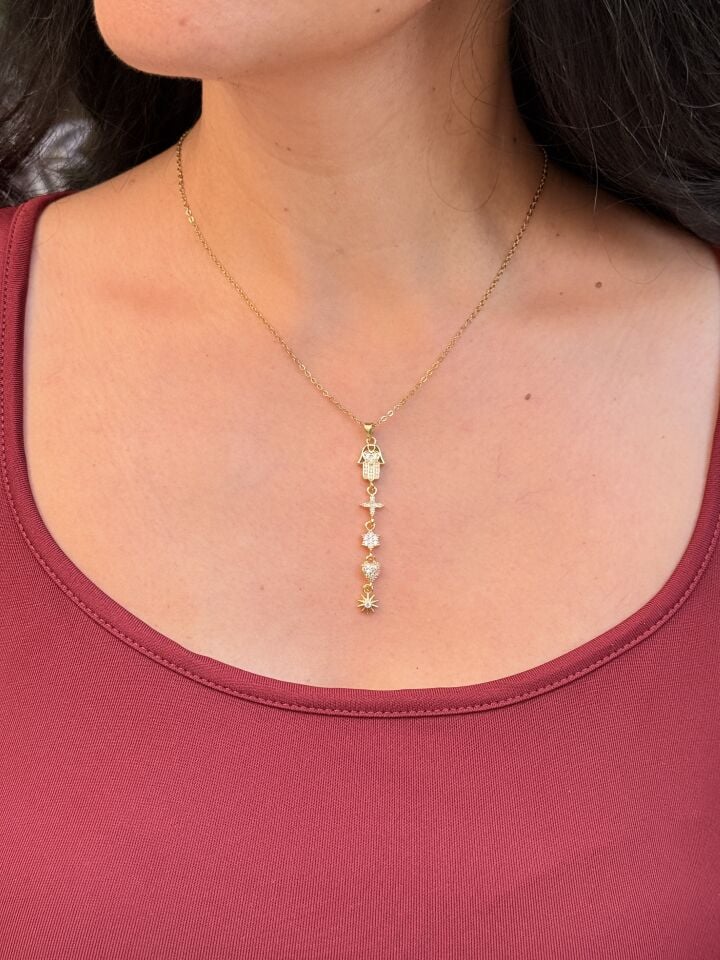 Fatmanın Eli Şans Kolye Zirkon Taşlı Çelik Gold