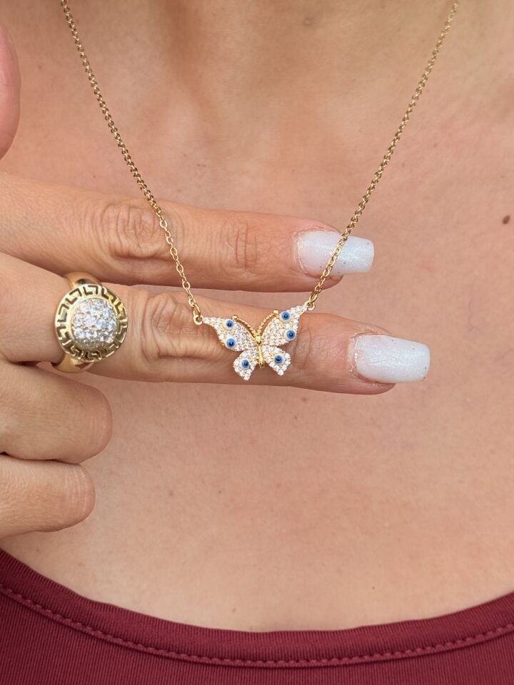 Nazar Kelebek Zirkon Taşlı Çelik Kolye Gold