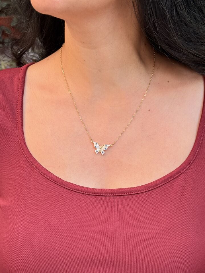 Nazar Kelebek Zirkon Taşlı Çelik Kolye Gold