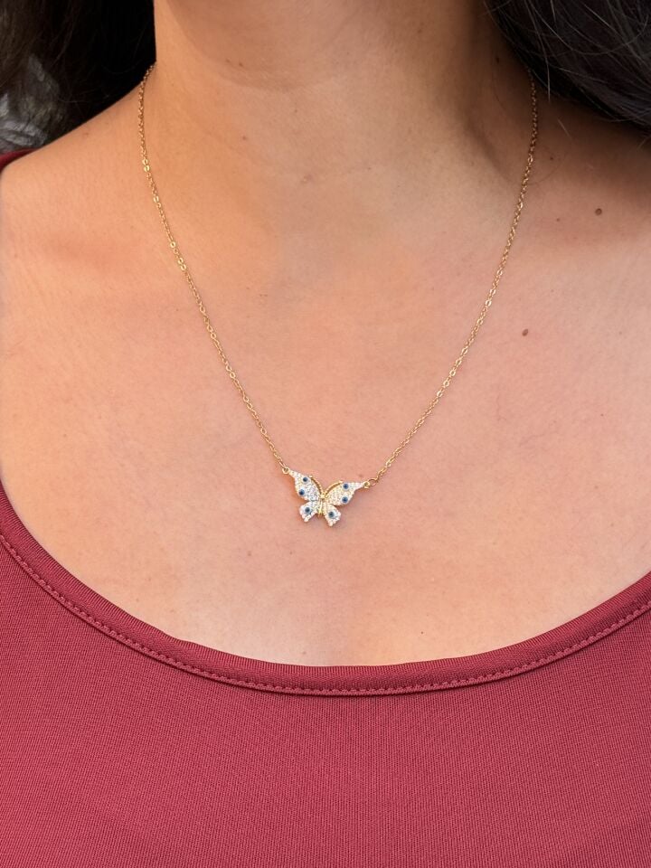 Nazar Kelebek Zirkon Taşlı Çelik Kolye Gold