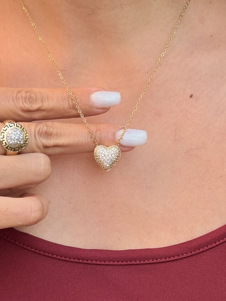 Zirkon Taş Süslemeli Kalp Kolye Çelik Gold