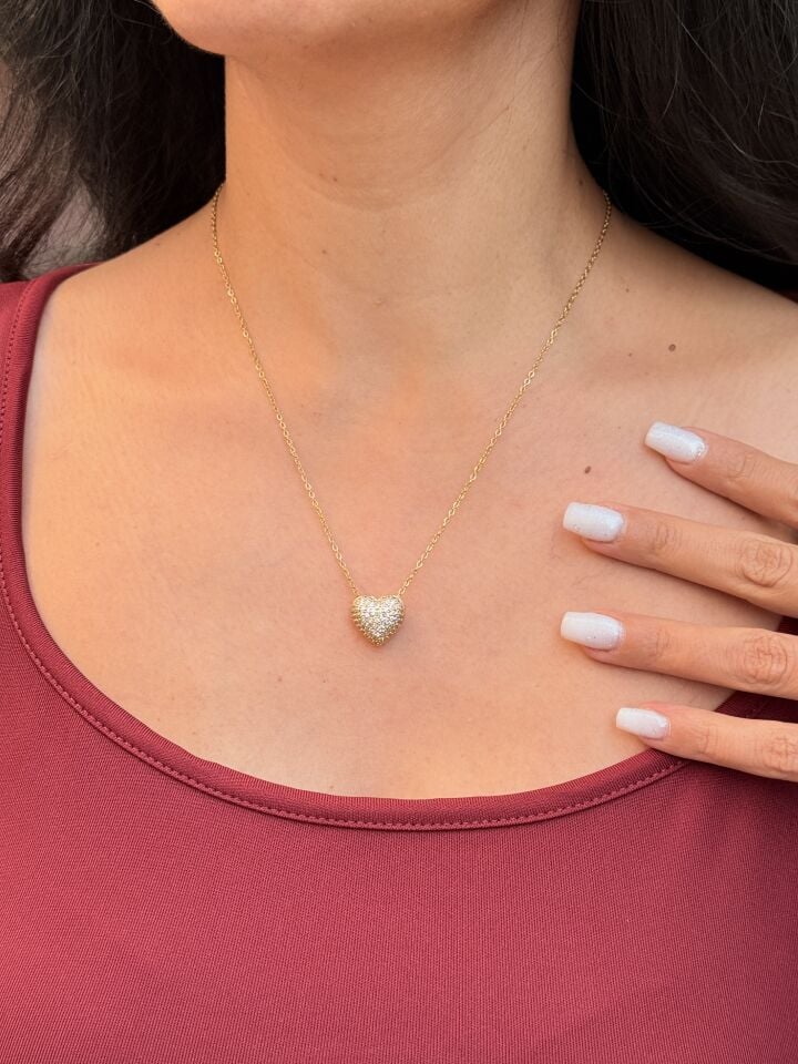 Zirkon Taş Süslemeli Kalp Kolye Çelik Gold