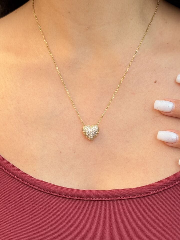 Zirkon Taş Süslemeli Kalp Kolye Çelik Gold
