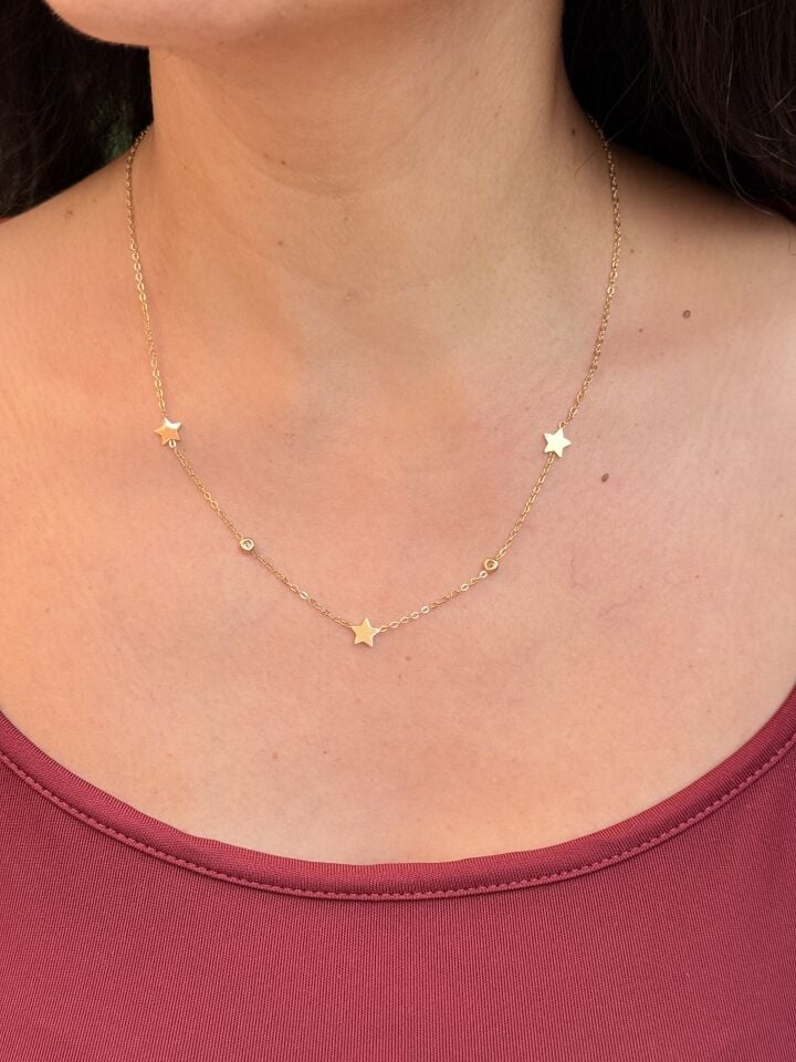 Yıldız Model Zirkon Taşlı Çelik Kolye Gold