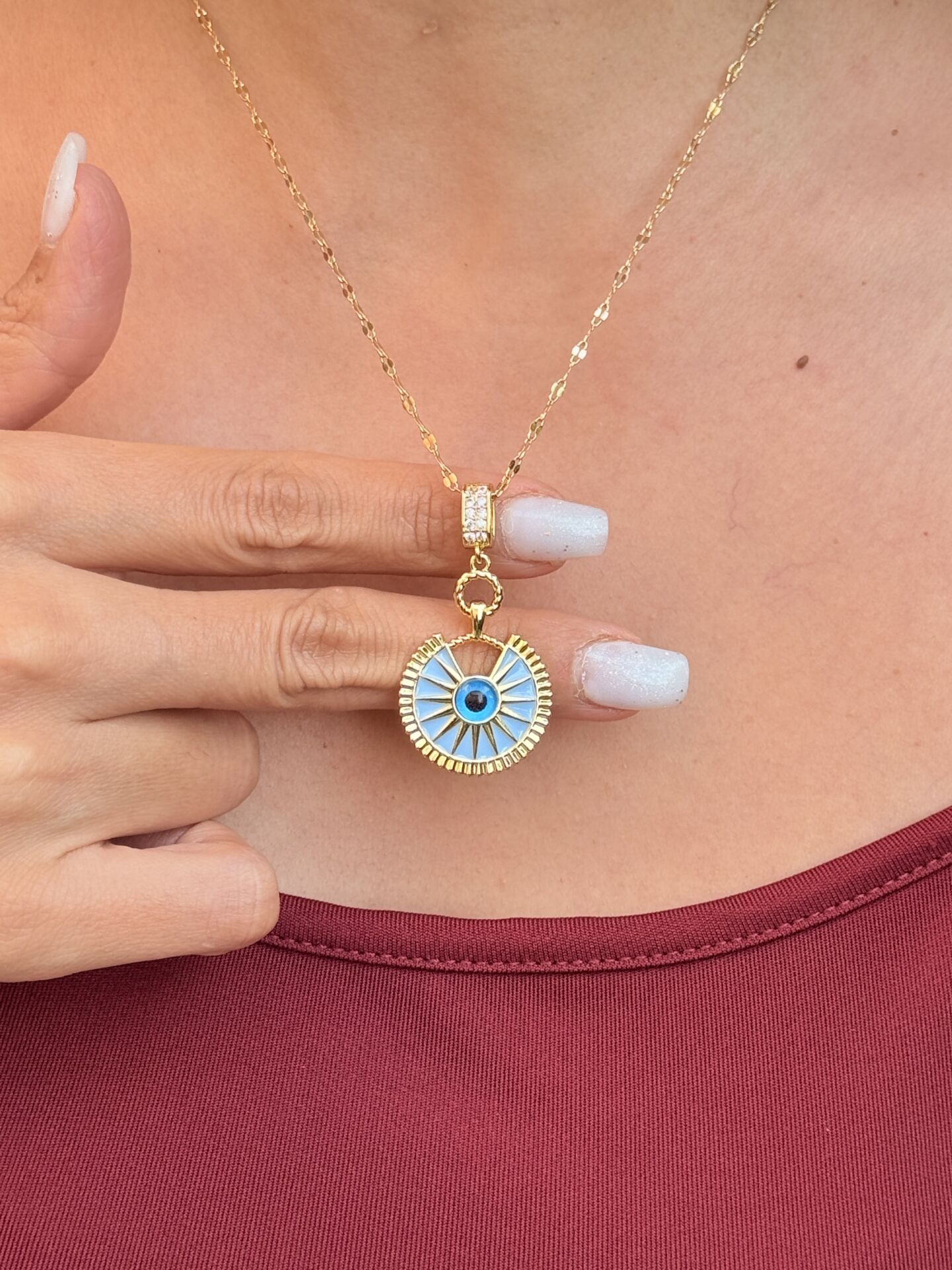 Yuvarlak Nazar Zirkon Taşlı Kolye Çelik Gold