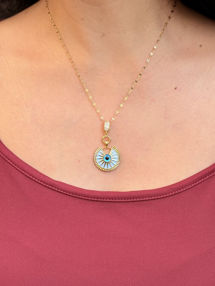 Yuvarlak Nazar Zirkon Taşlı Kolye Çelik Gold