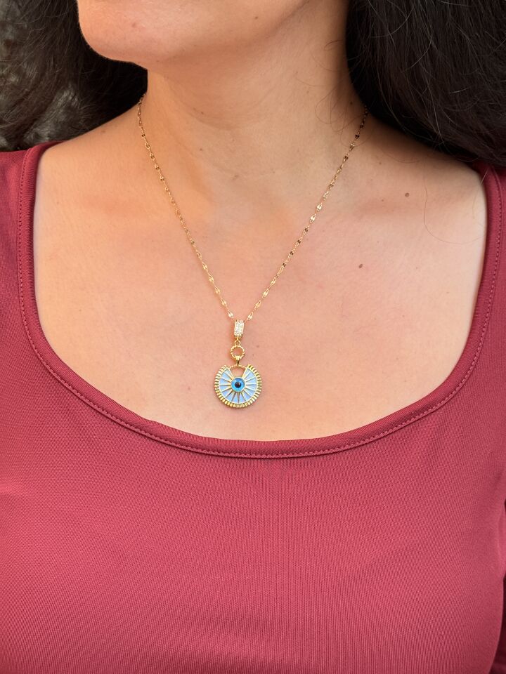 Yuvarlak Nazar Zirkon Taşlı Kolye Çelik Gold