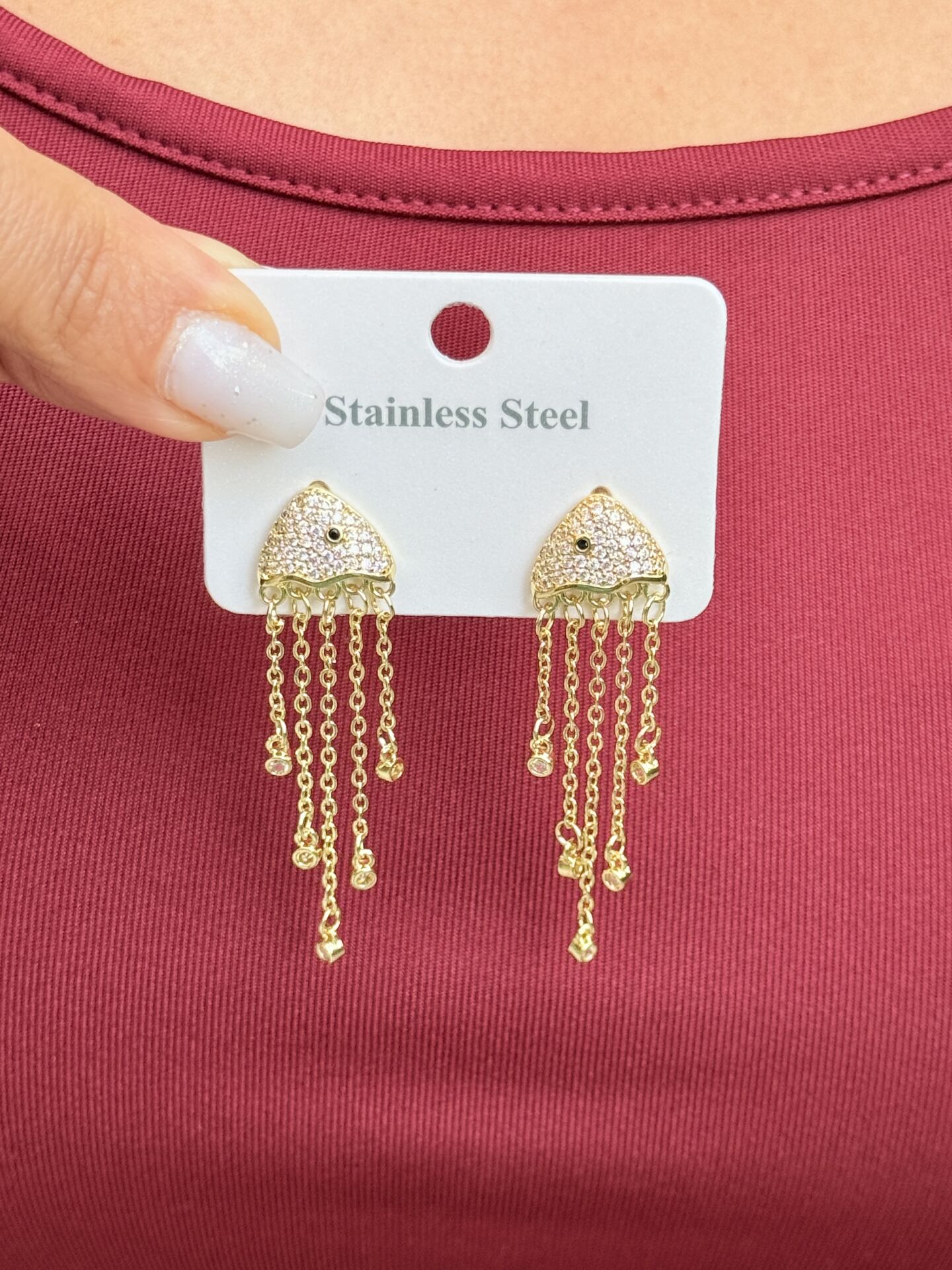 Balık Model Zirkon Taşlı Çelik Küpe Gold