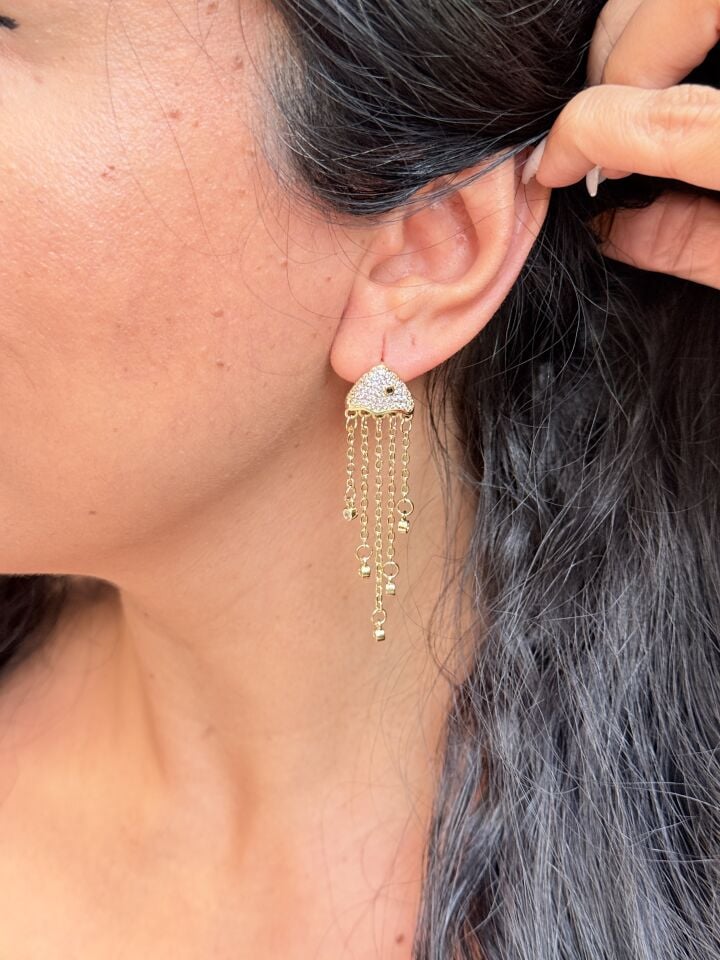 Balık Model Zirkon Taşlı Çelik Küpe Gold