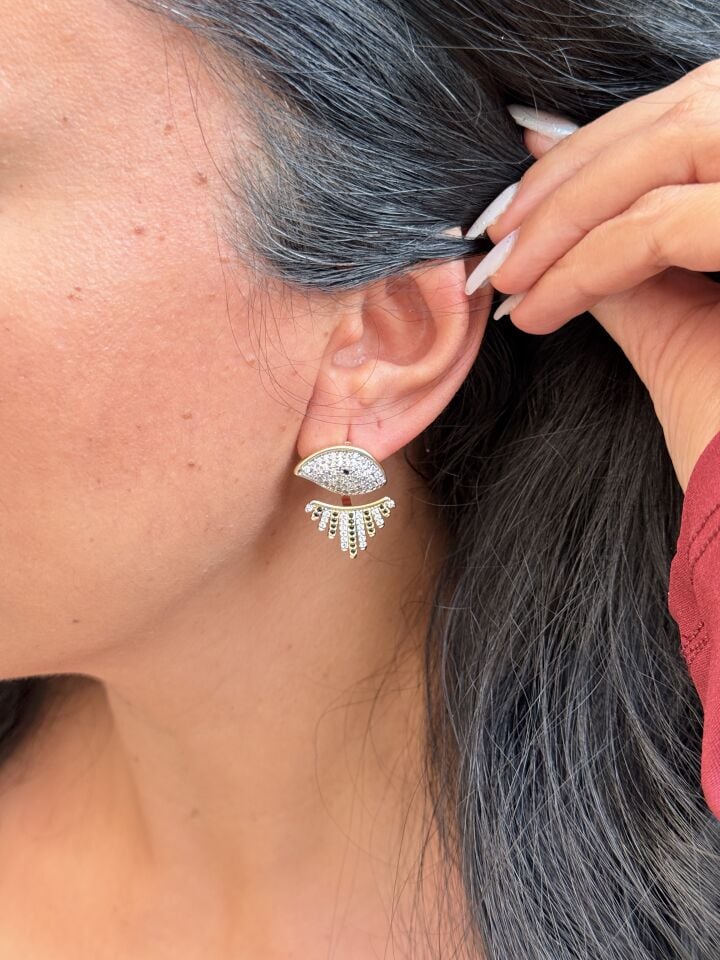 Göz Kirpik Model Zirkon Taşlı Çelik Küpe Gold