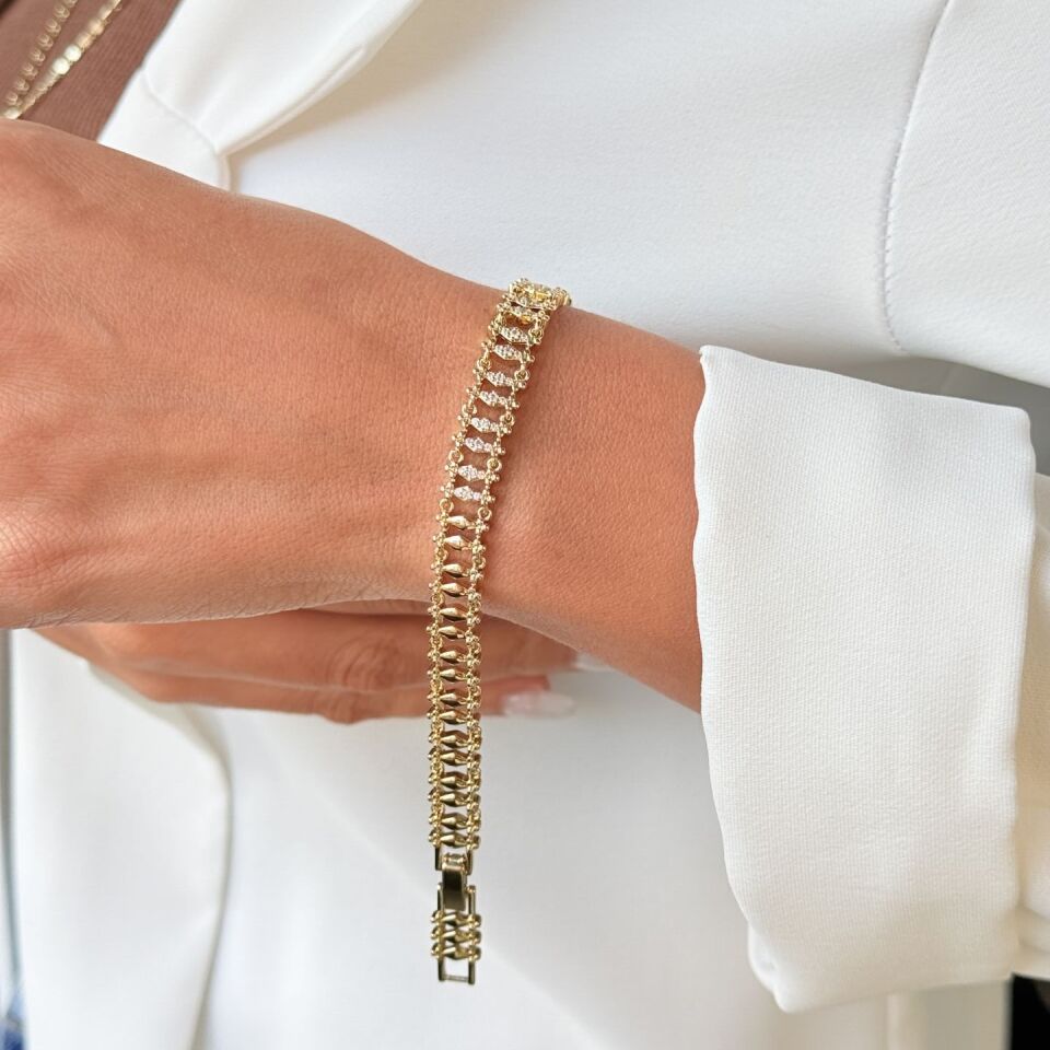 Zirkon Taşlı Merdiven Model Vip Bileklik Gold