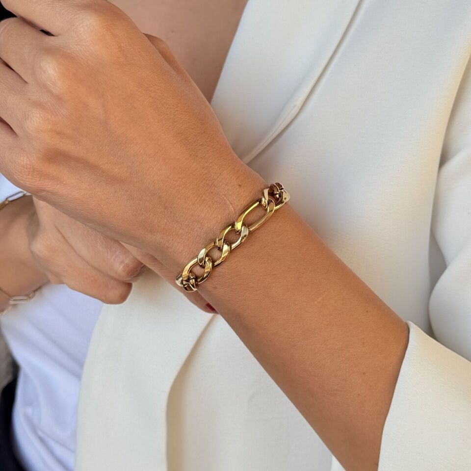 Kalın Figaro Paslanmaz Çelik Bileklik Gold