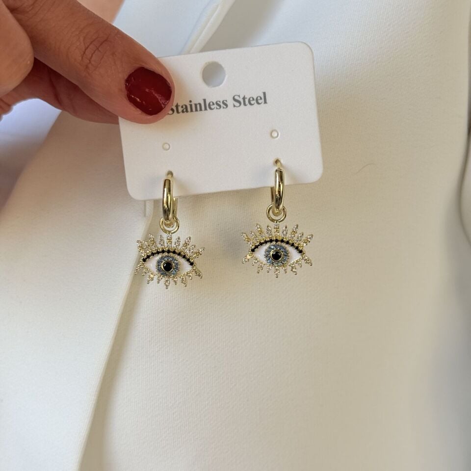 Göz Nazar Paslanmaz Çelik Küpe Gold