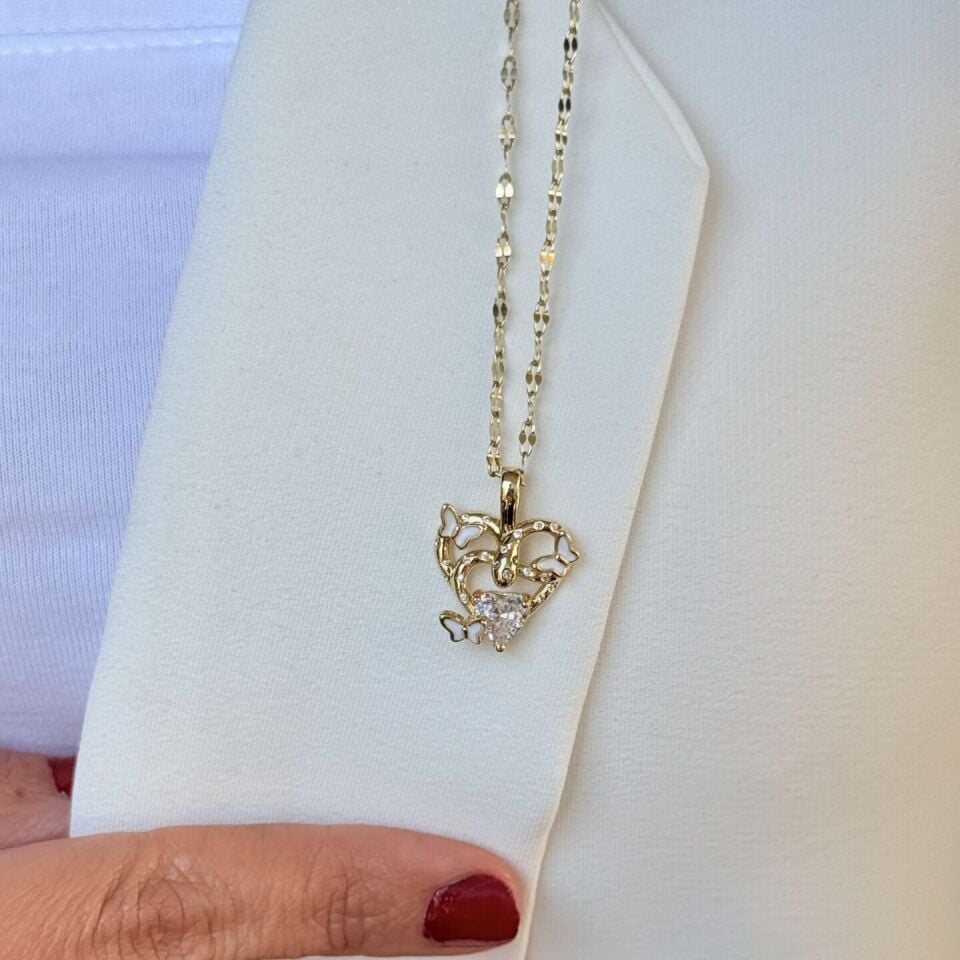 Kelebek Detay Kalp Paslanmaz Çelik Kolye Gold