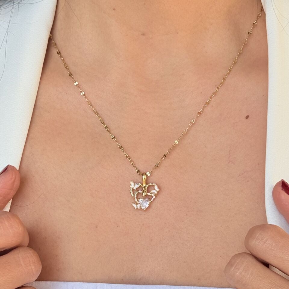 Kelebek Detay Kalp Paslanmaz Çelik Kolye Gold