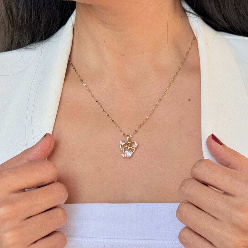 Kelebek Detay Kalp Paslanmaz Çelik Kolye Gold