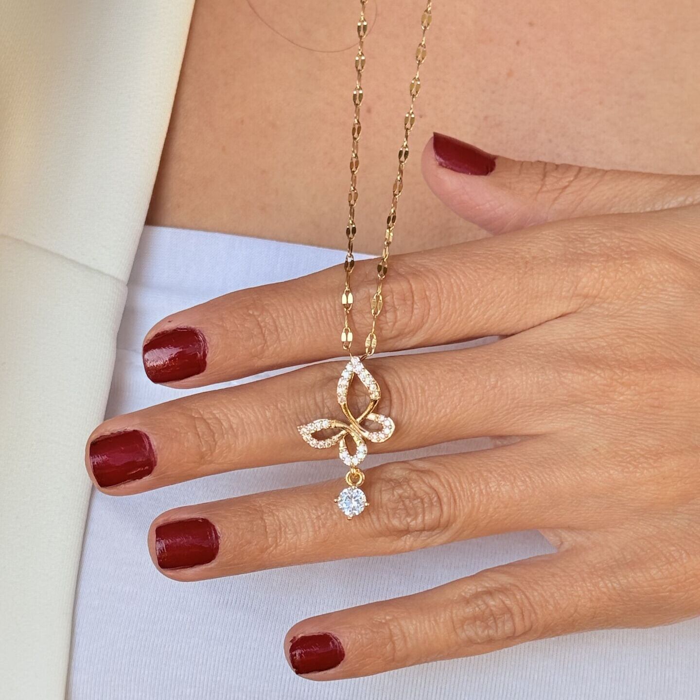 Kelebek Model Zirkon Taşlı Paslanmaz Çellik Kolye