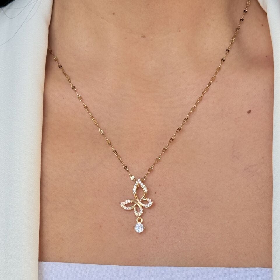Kelebek Model Zirkon Taşlı Paslanmaz Çellik Kolye