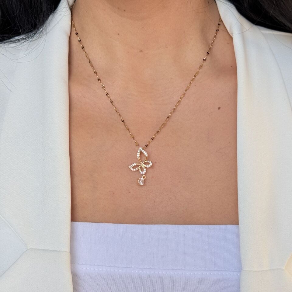Kelebek Model Zirkon Taşlı Paslanmaz Çellik Kolye