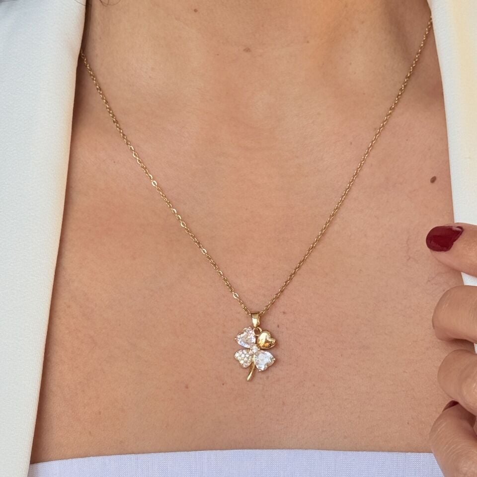 Yonca Model Zirkon Taşlı Paslanmaz Çelik Kolye Gold