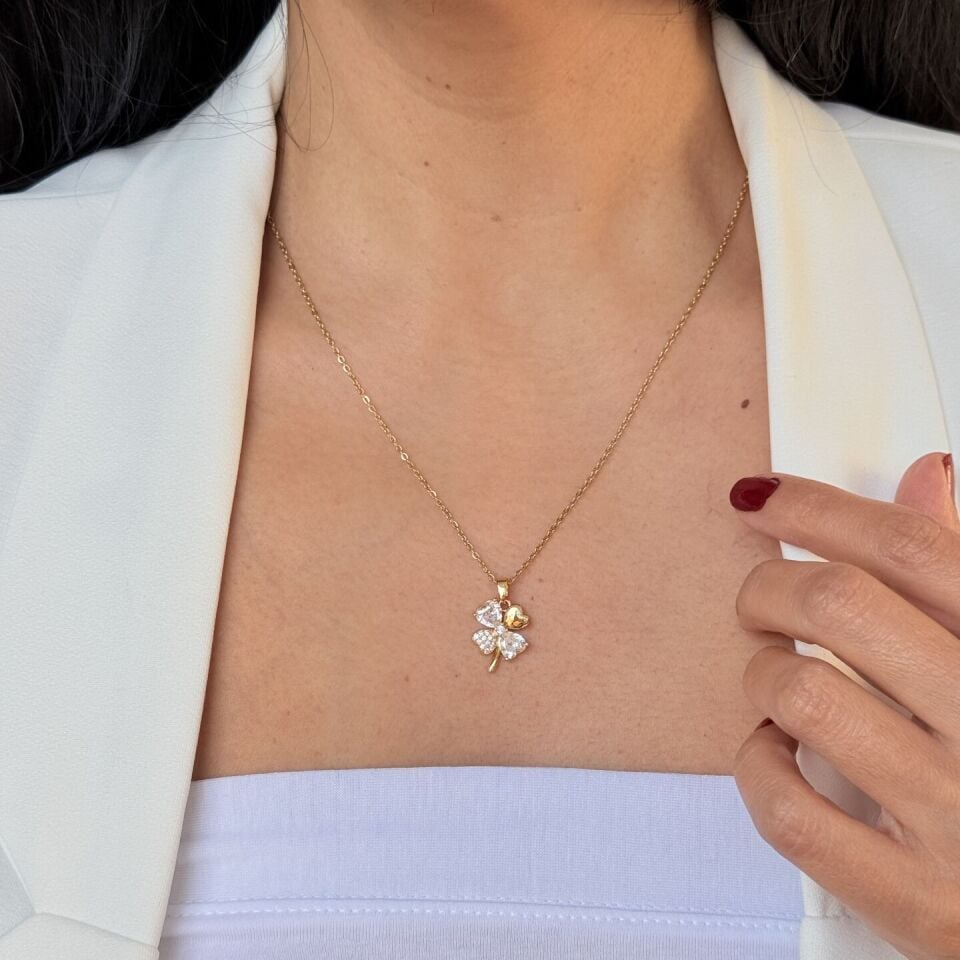 Yonca Model Zirkon Taşlı Paslanmaz Çelik Kolye Gold