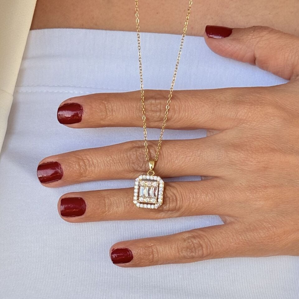 Baget Zirkon Taşlı Paslanmaz Çelik Kolye Gold