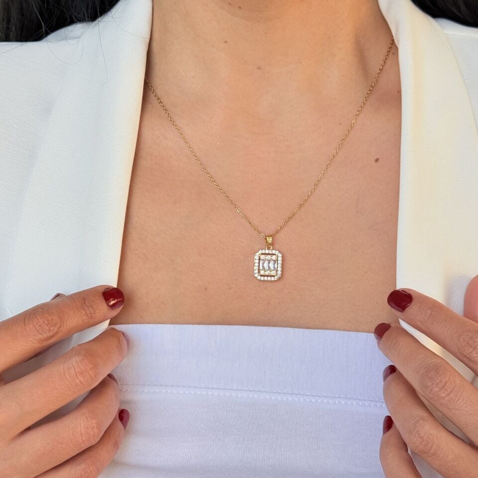 Baget Zirkon Taşlı Paslanmaz Çelik Kolye Gold