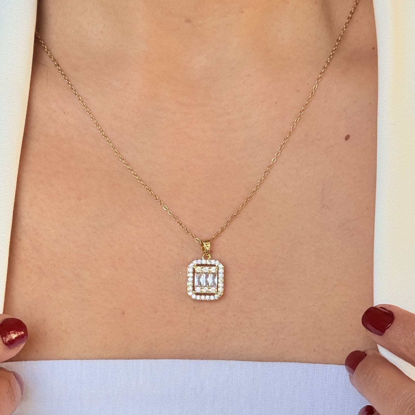 Baget Zirkon Taşlı Paslanmaz Çelik Kolye Gold