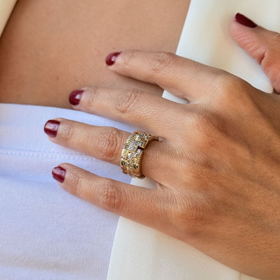 Üç Sıra Alyans Paslanmaz Çelik Yüzük Gold