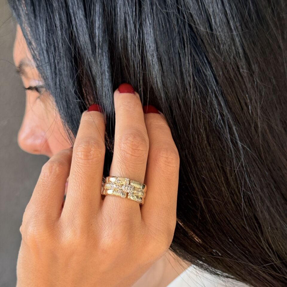 Üç Sıra Alyans Paslanmaz Çelik Yüzük Gold