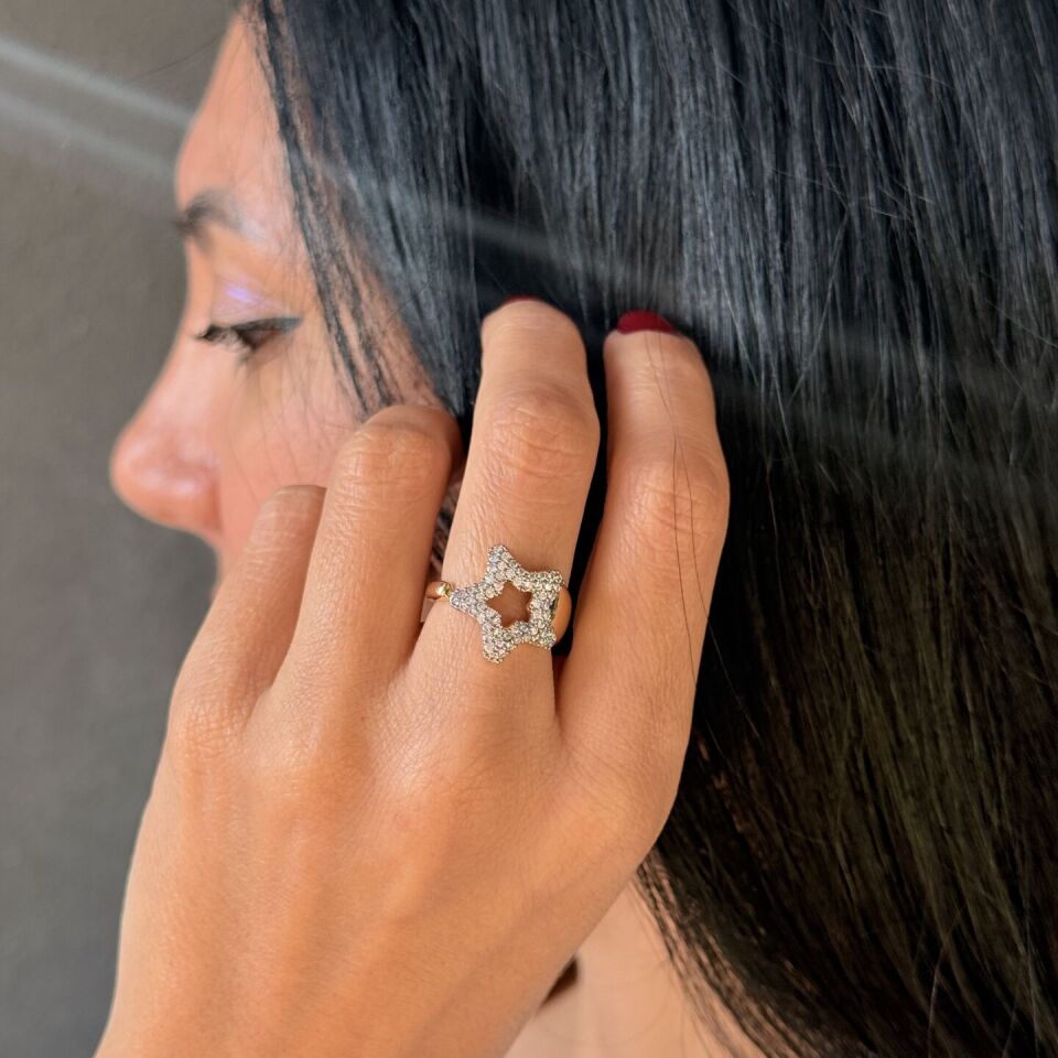 Yıldız Model Zirkon Taşlı Paslanmaz Çelik Yüzük Gold