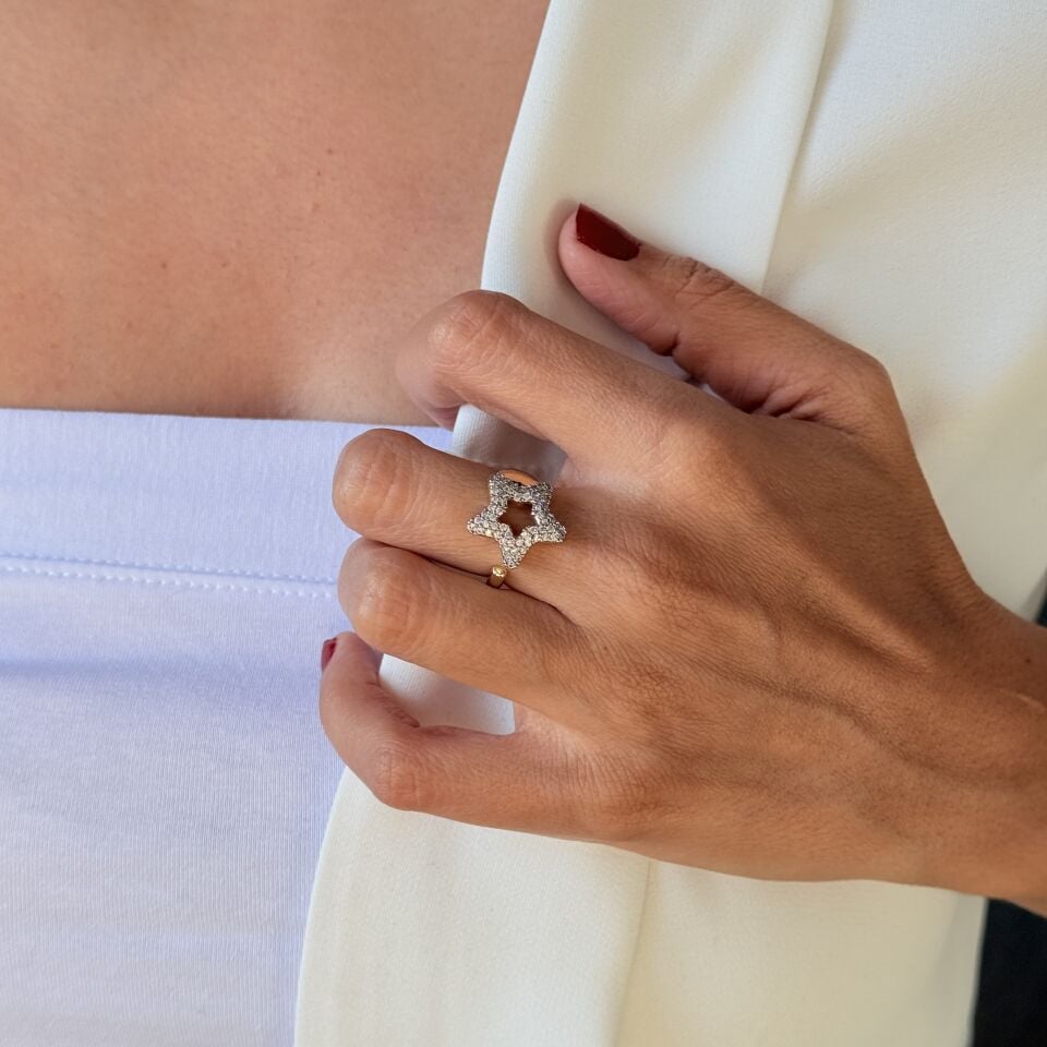 Yıldız Model Zirkon Taşlı Paslanmaz Çelik Yüzük Gold