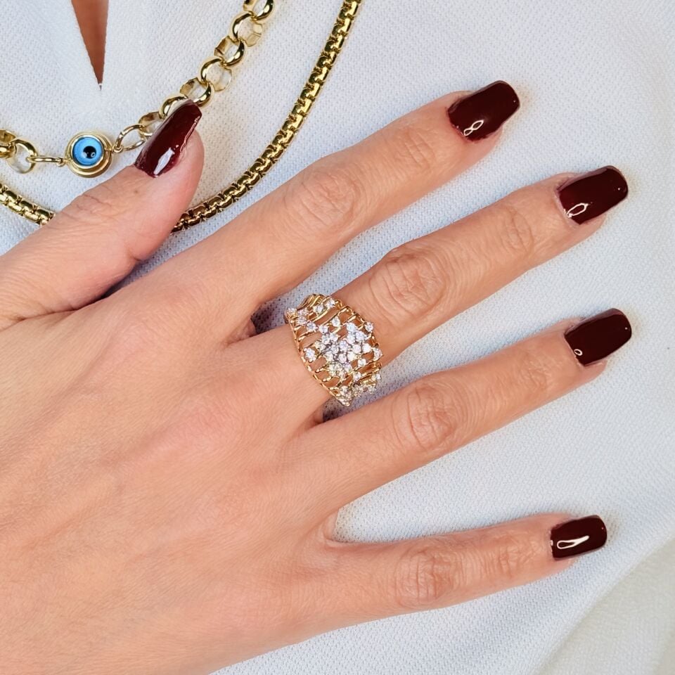 Tel Model Zirkon Taşlı Paslanmaz Çelik Yüzük Gold