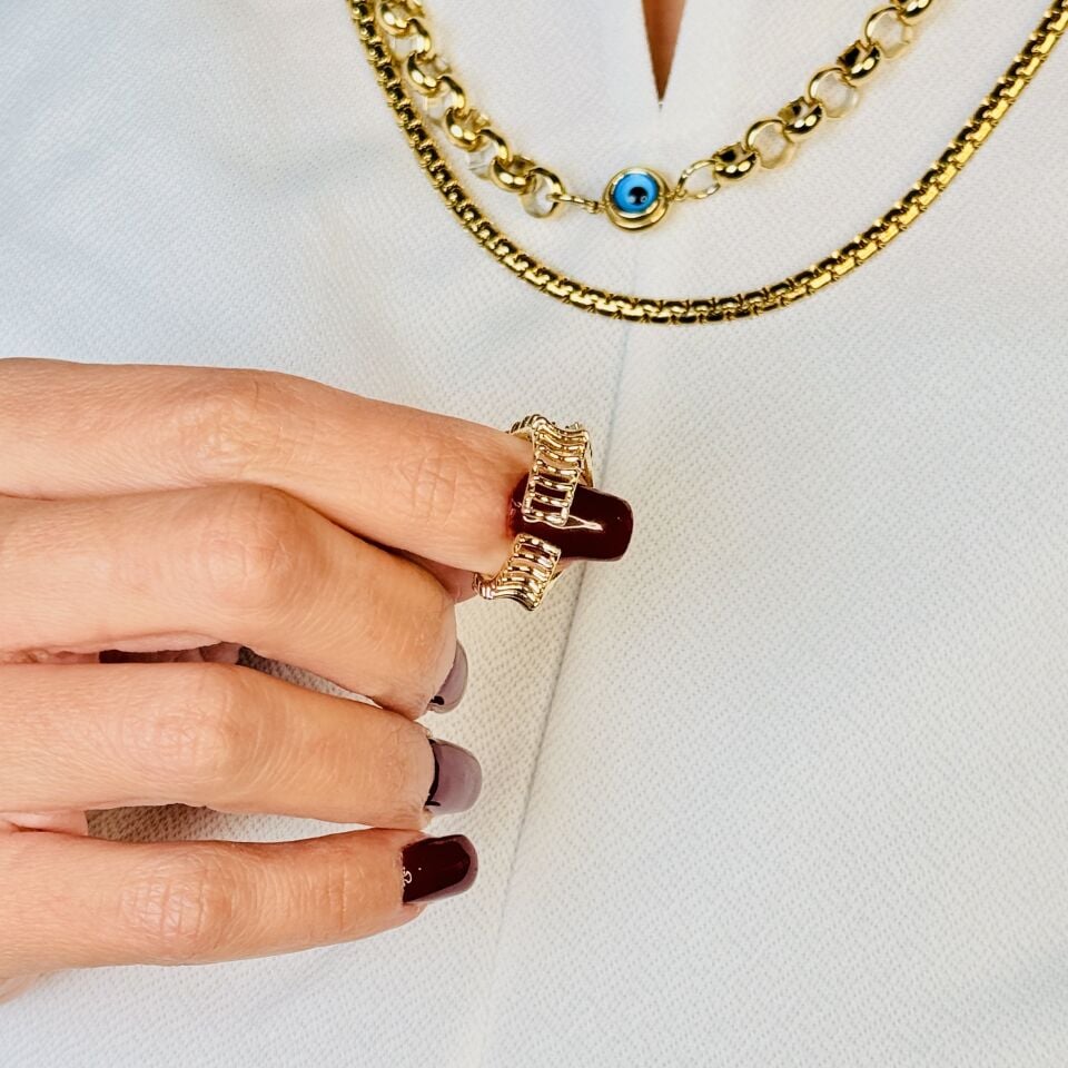 Tel Model Zirkon Taşlı Paslanmaz Çelik Yüzük Gold