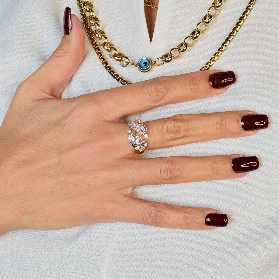 Çiçek Model Zirkon Taşlı Paslanmaz Çelik Yüzük Gold