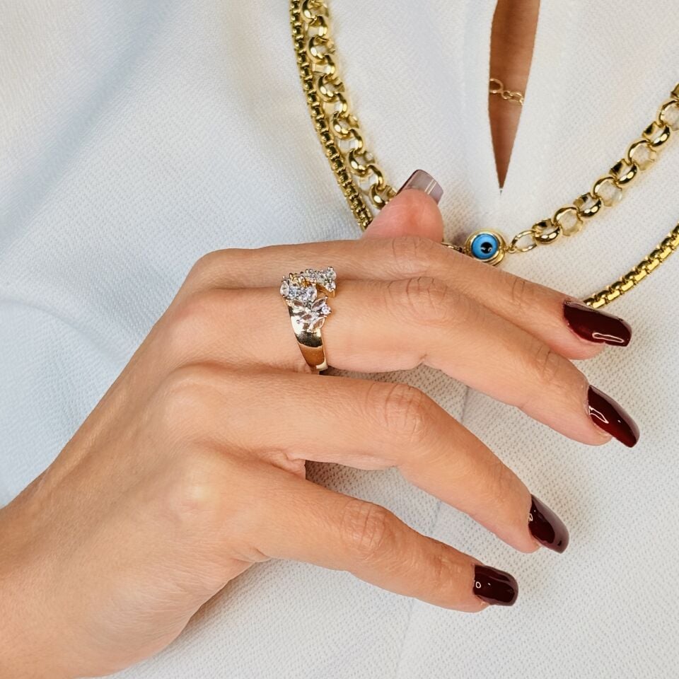 Çiçek Model Zirkon Taşlı Paslanmaz Çelik Yüzük Gold