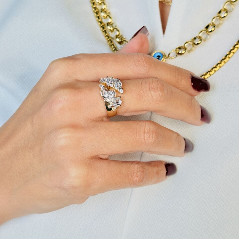 Çiçek Model Zirkon Taşlı Paslanmaz Çelik Yüzük Gold