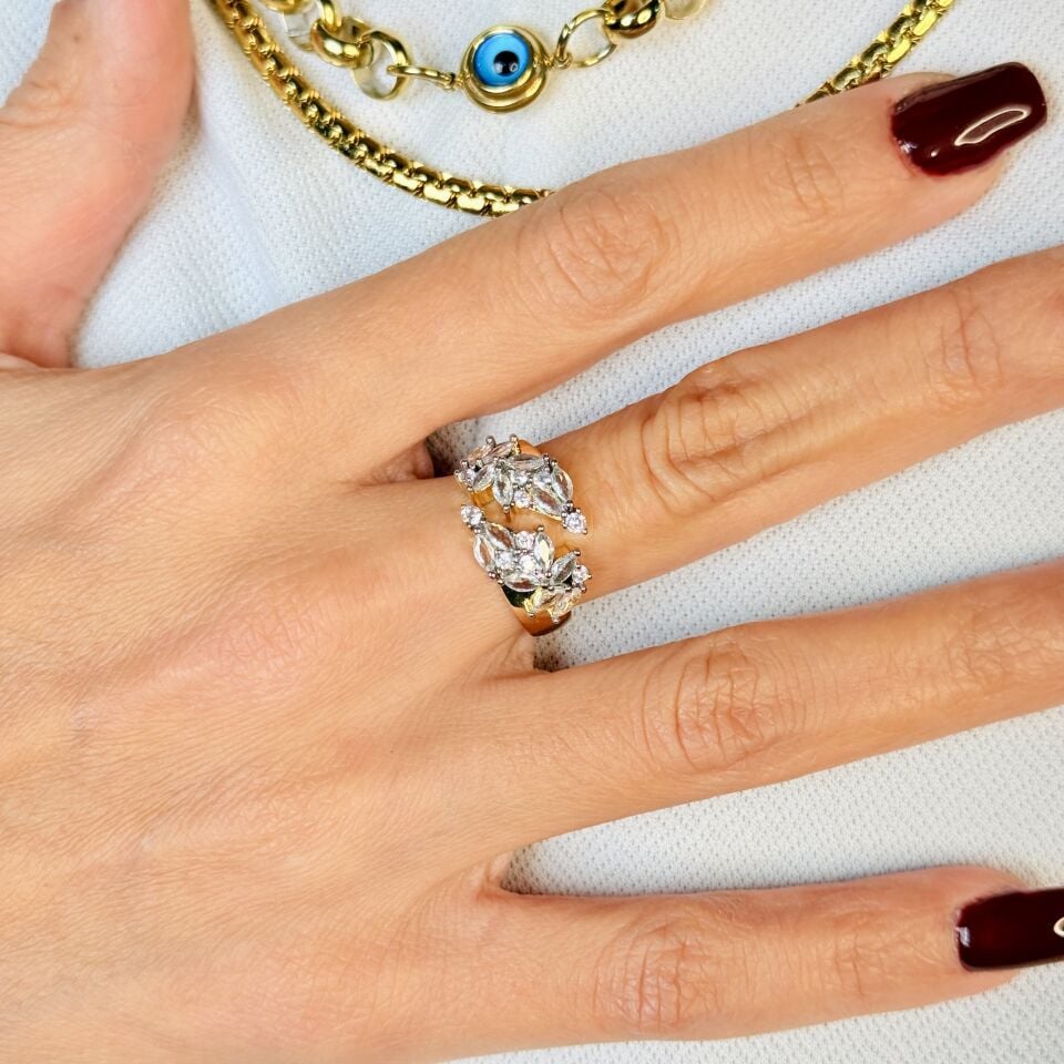 Çiçek Model Zirkon Taşlı Paslanmaz Çelik Yüzük Gold