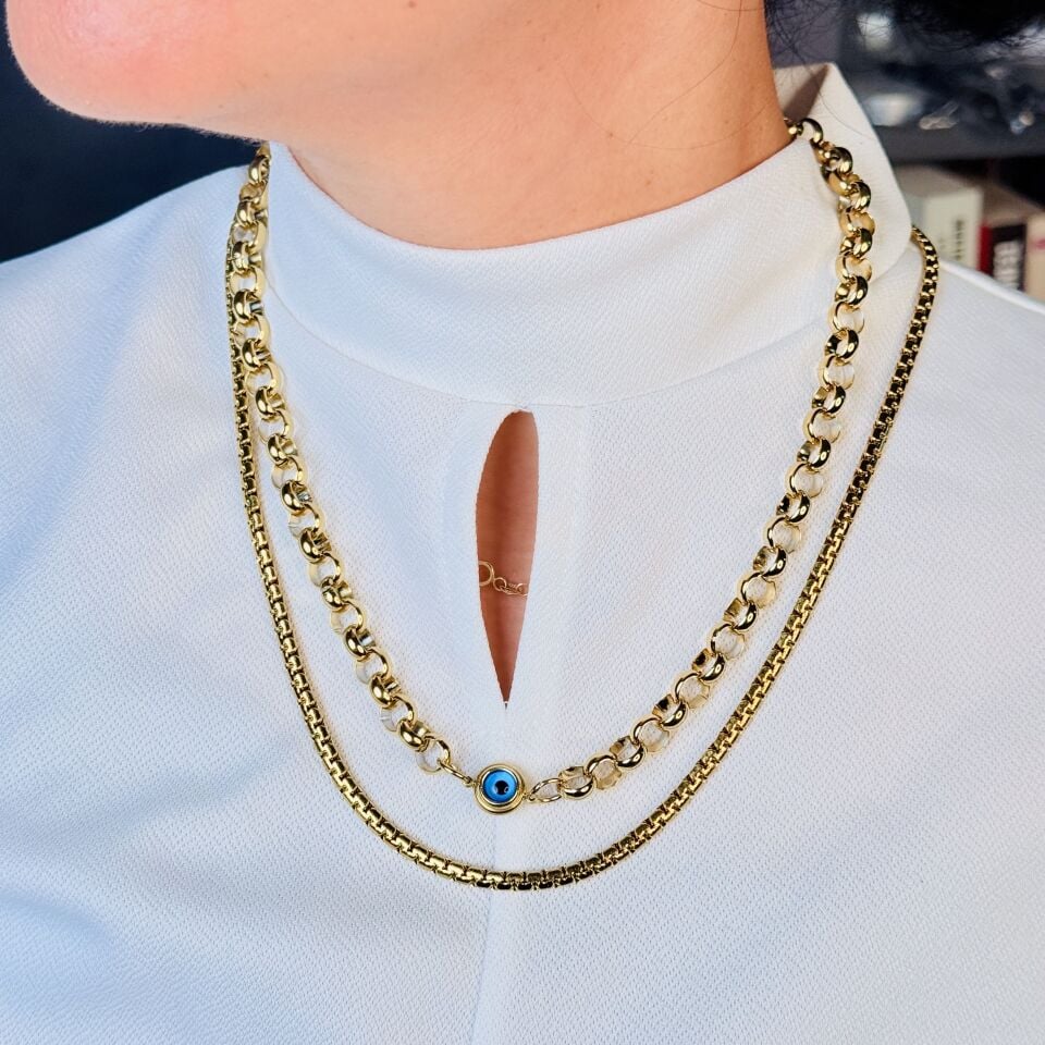 Göz Nazar Boncuklu Paslanmaz Çelik Kolye Gold