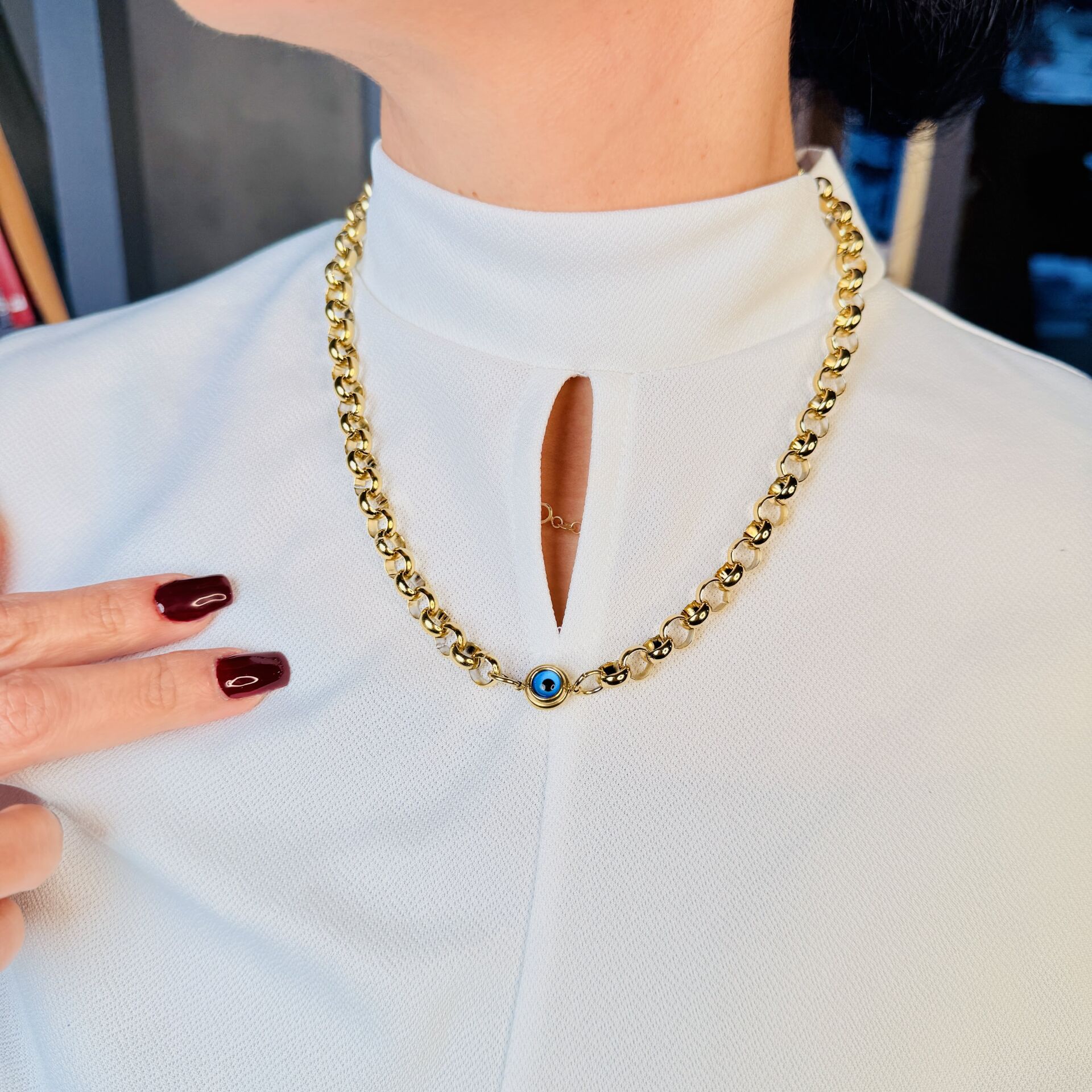 Göz Nazar Boncuklu Paslanmaz Çelik Kolye Gold