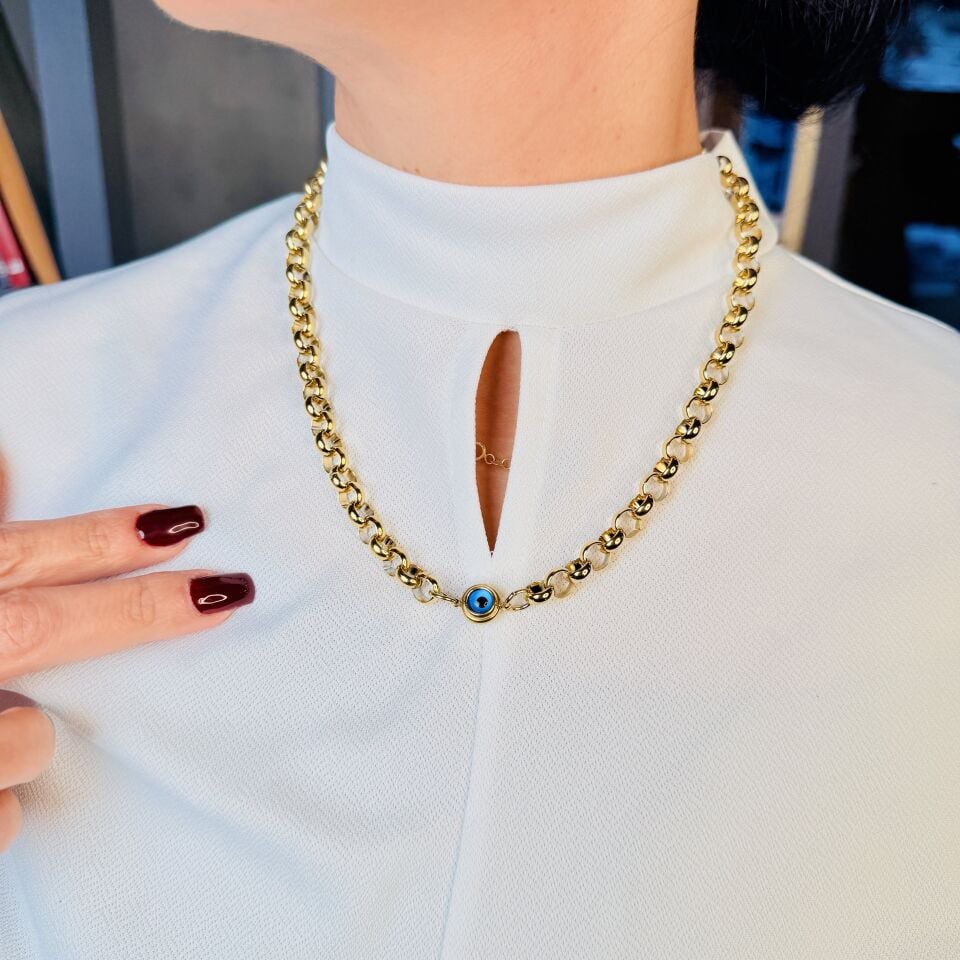 Göz Nazar Boncuklu Paslanmaz Çelik Kolye Gold