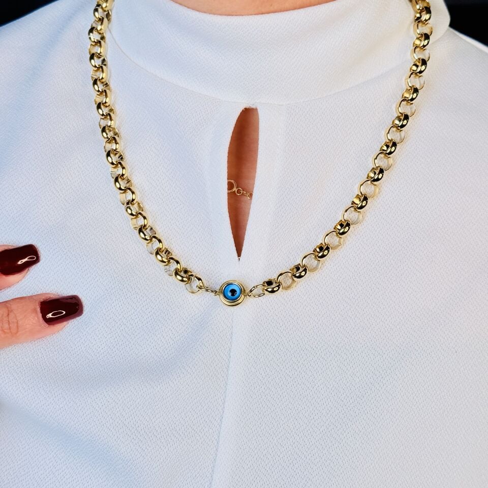 Göz Nazar Boncuklu Paslanmaz Çelik Kolye Gold