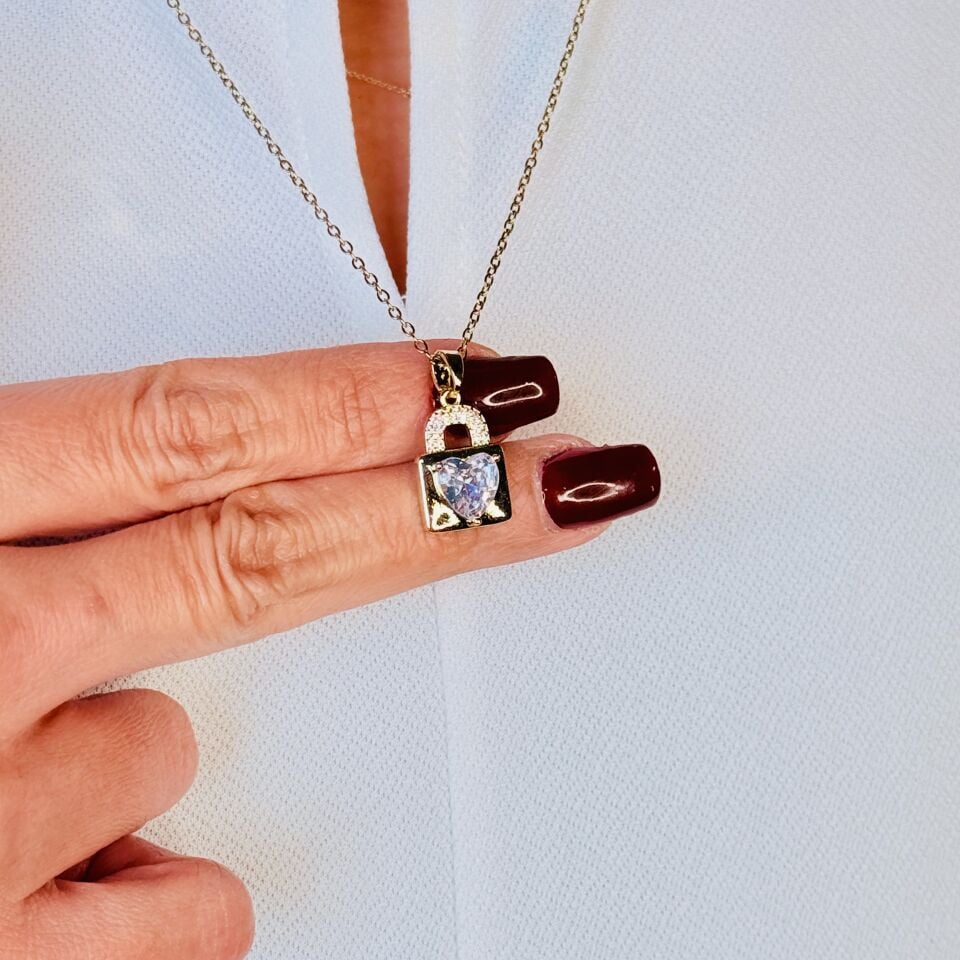 Aşk Kilidi Zirkon Taşlı Paslanmaz Çelik Kolye Gold