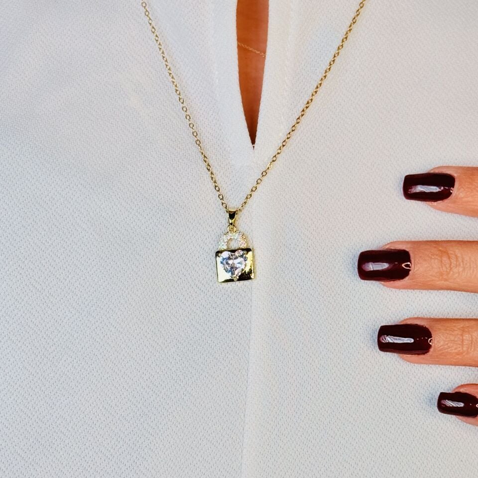 Aşk Kilidi Zirkon Taşlı Paslanmaz Çelik Kolye Gold