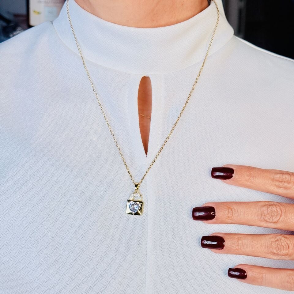 Aşk Kilidi Zirkon Taşlı Paslanmaz Çelik Kolye Gold