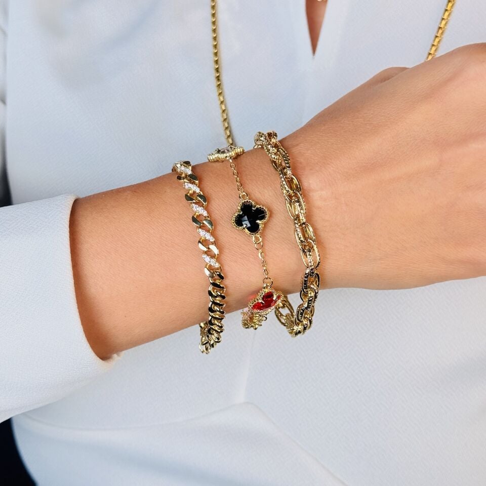 Renkli Zirkon Taşlı Yonca Bileklik Paslanmaz Çelik Gold