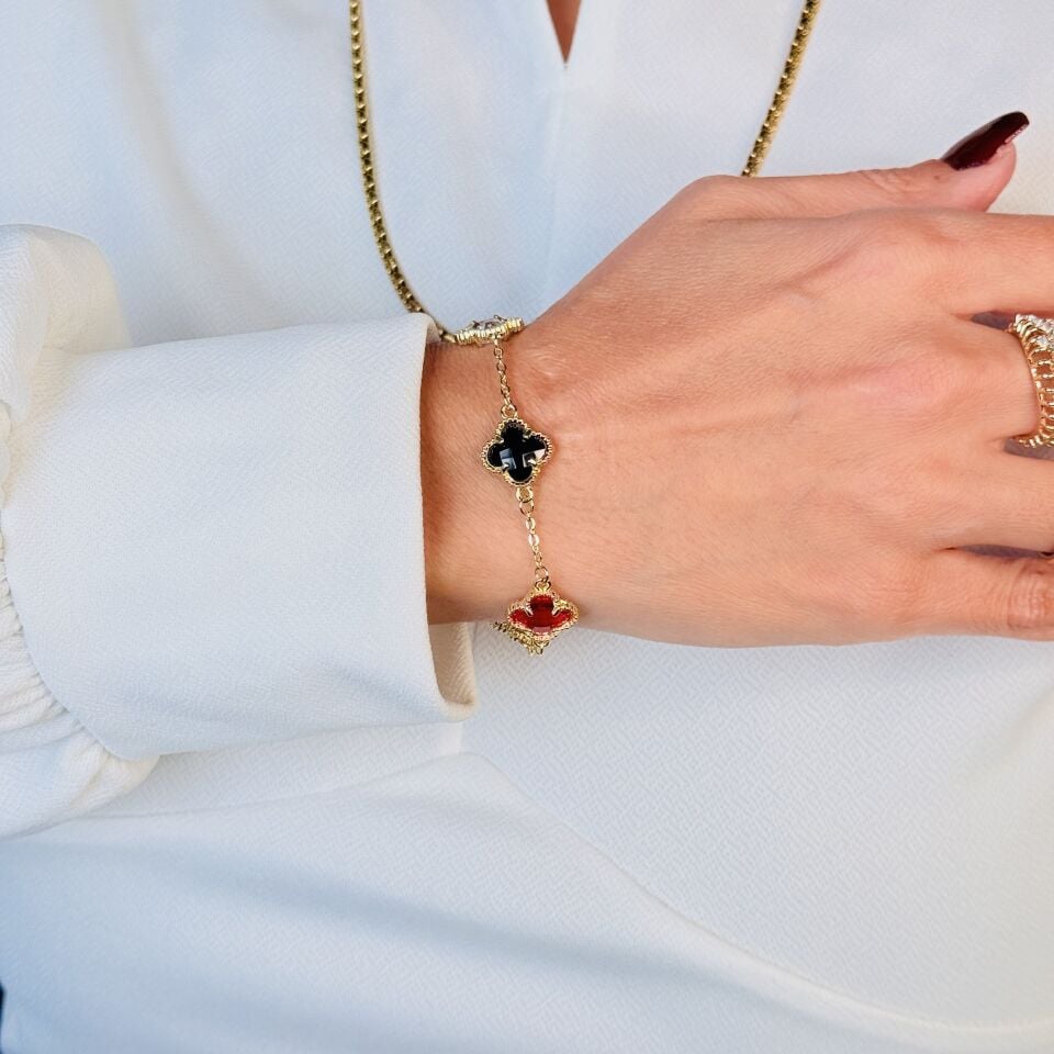 Renkli Zirkon Taşlı Yonca Bileklik Paslanmaz Çelik Gold