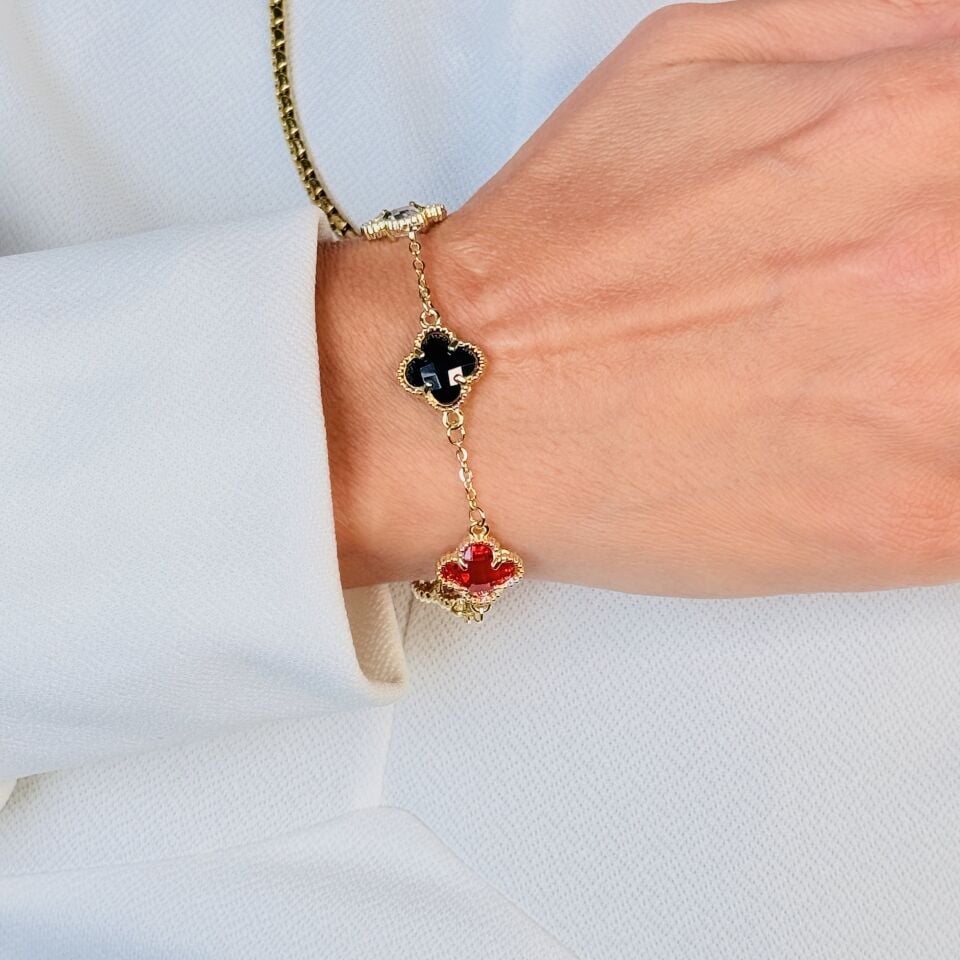 Renkli Zirkon Taşlı Yonca Bileklik Paslanmaz Çelik Gold