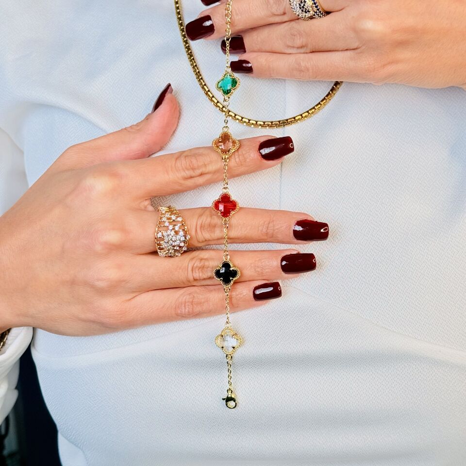 Renkli Zirkon Taşlı Yonca Bileklik Paslanmaz Çelik Gold